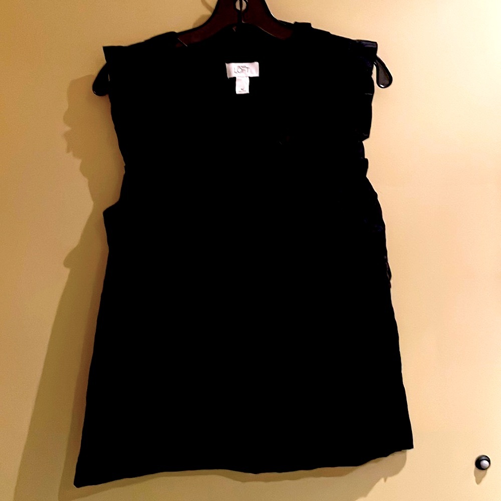 LOFT, black shimmery silk/cotton sleeveless top with ruffle details